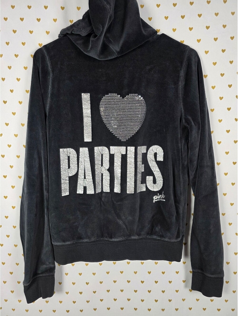Victoria's Secret PINK Velour Zip Hoodie M Black I Love Parties BLING HTF MED